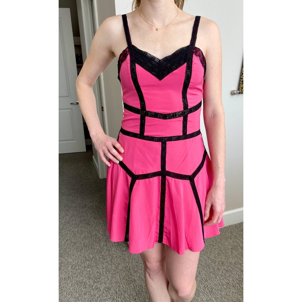 bebe Pink Cocktail Mini Dress with Black Lace Detail